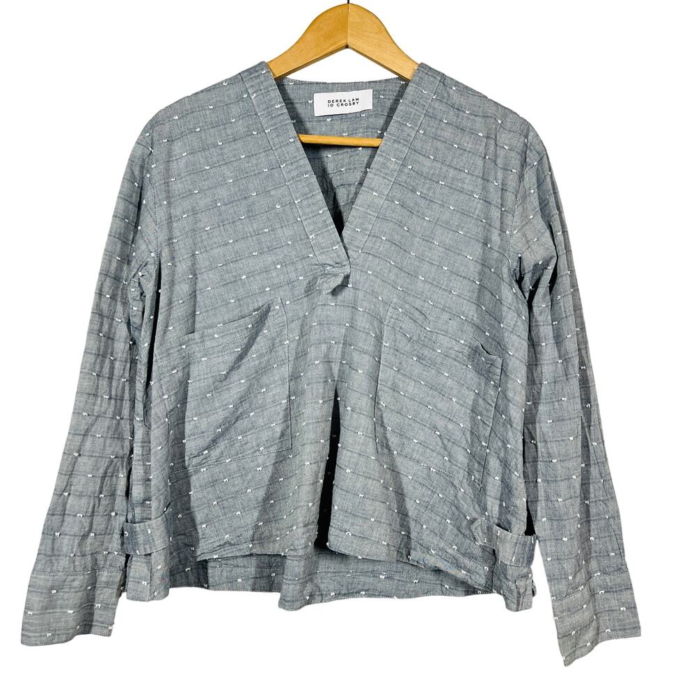 Derek Lam 10 Crosby V Neck Blouse Loose Fit Pockets Blue Casual Career - M